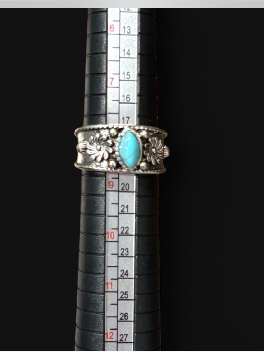 Silver Turquoise Floral Band Ring Size 8